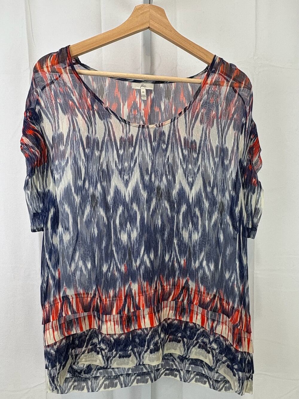 JOIE Sheer  Size M Silk Top Cap Sleeve Pullover Geometric Ikat Orange Blue